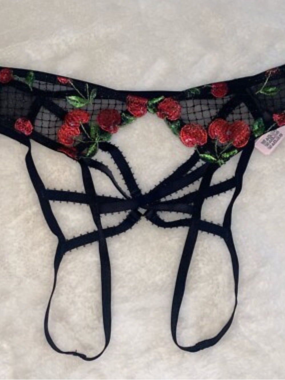 Victoria's Secret Black Garter Thong with Red Cherry Embroidery